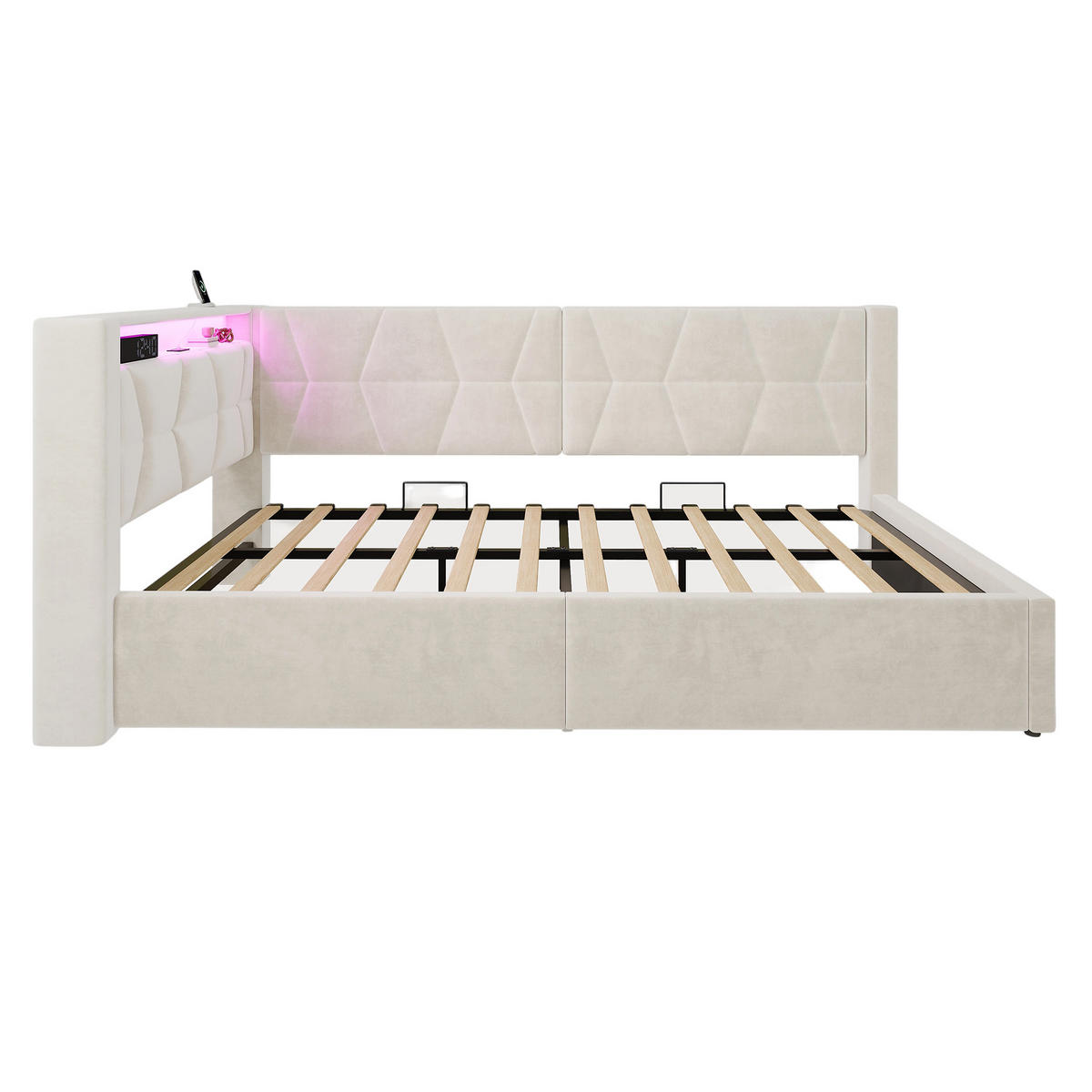 POLSTERBETT 90/200 cm in Beige mit Bettkasten, LED, USB und Type-C aus Samt - Beige, Holzwerkstoff/Textil (90/200cm) - STILVORA
