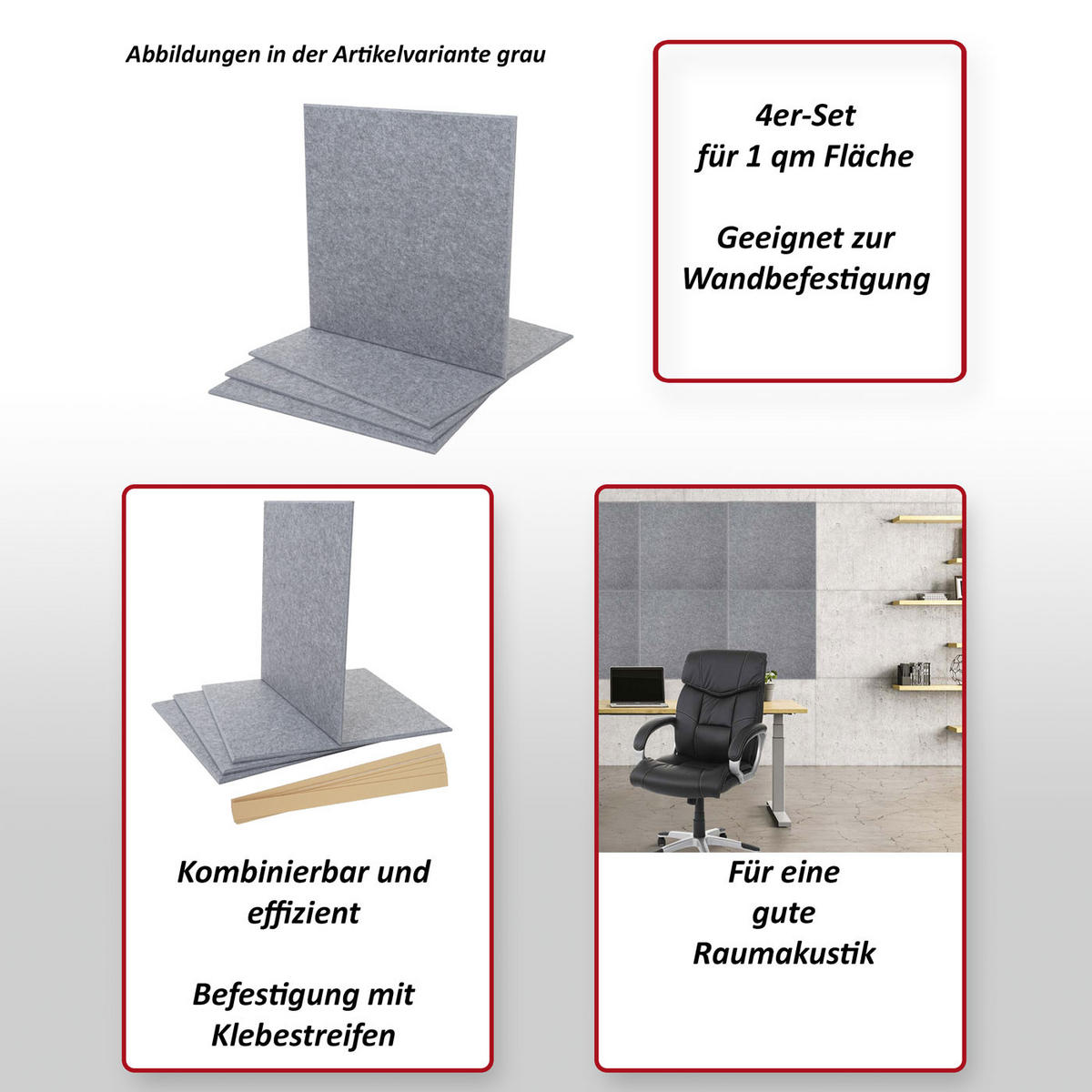 AKUSTIKWANDPANEEL Grau Komplett-Set - Grau, Textil (50/50/1cm) - MCW