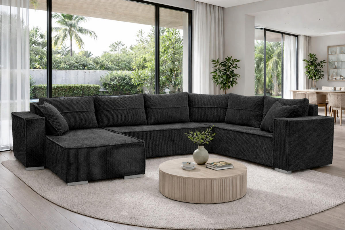 WOHNLANDSCHAFT STYLO U-Form mit Schlaffunktion Bettkasten Cordstoff Poso Anthrazit - Anthrazit, Kunststoff (315/90/215cm)