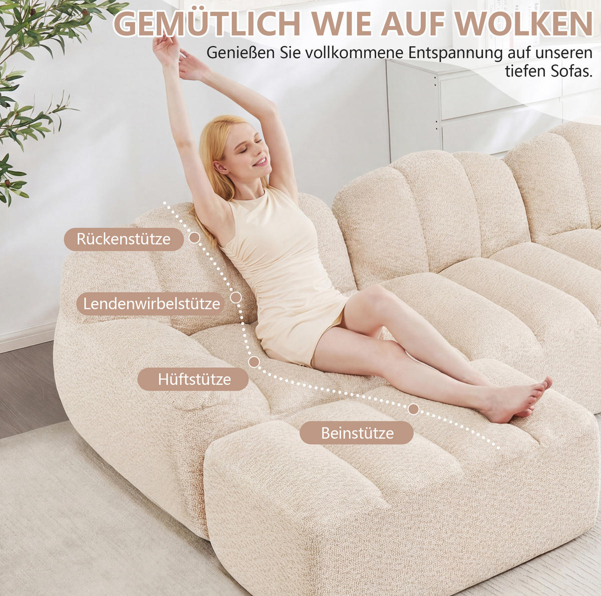 ECKSOFA 288/165/79 cm Beige-Weiß aus granuliertem Fleece modular mit Ottoman - Creme, Textil (165/288cm) - OKWISH