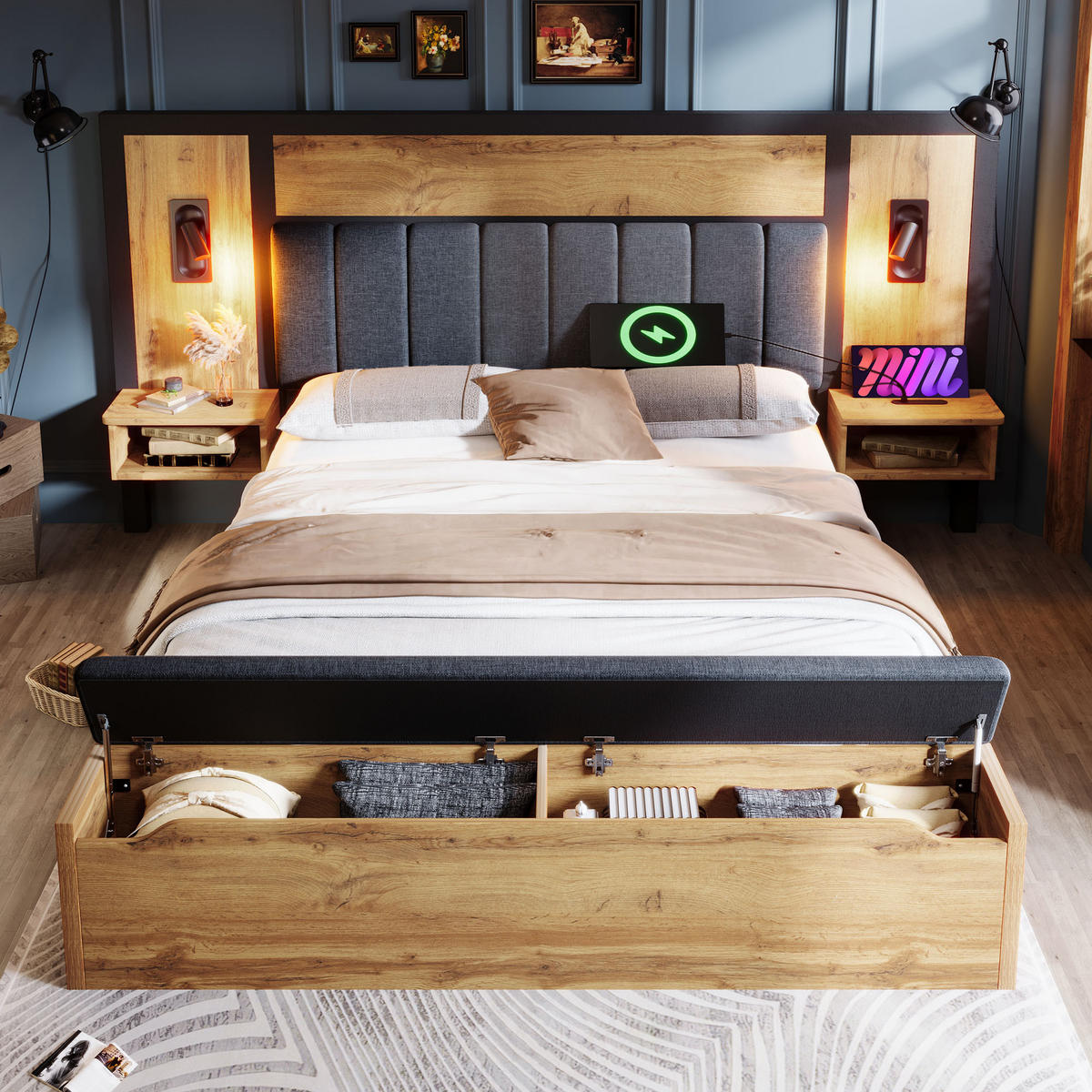 POLSTERBETT 180/200 cm Eiche mit Leselampe und USB-C-Nachttisch - Eichefarben, Metall (180/200cm) - OKWISH