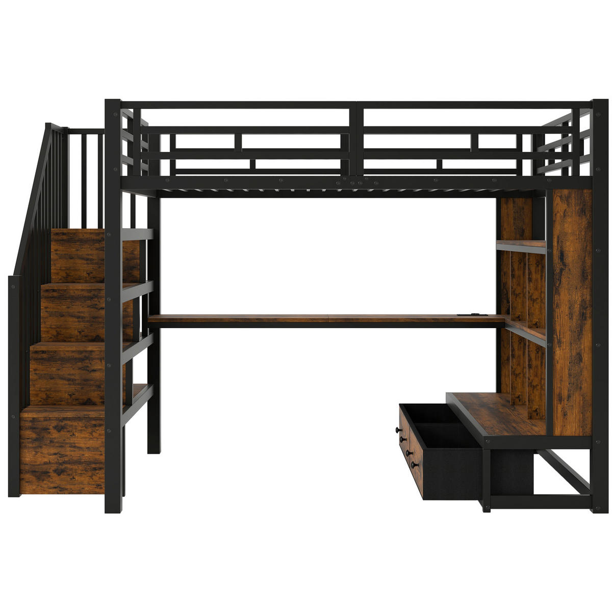 HOCHBETT 140/200 cm schwarz aus MDF und Metall mit Schreibtisch - Schwarz, Holzwerkstoff (140/200cm) - OKWISH