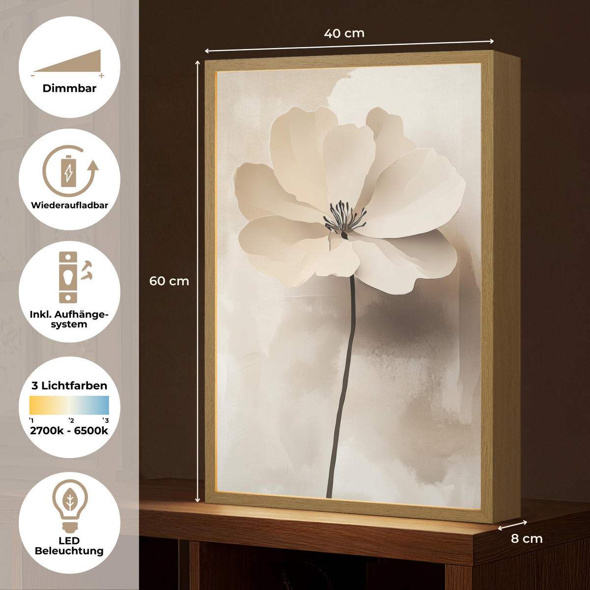 NÁSTĚNNÁ LAMPA S AKUMULÁTOREM Květina - béžová - barva - stín 40x60 cm - béžová, kompozitní dřevo (40/60/8cm) - OnlyWow