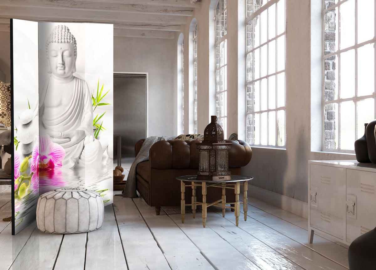 PARAVENT Beidseitig Bedruckter 3-tlg 135x172 cm Buddha Statue Orchideen - Multicolor, Holz/Textil (135/172/3cm) - Muralo