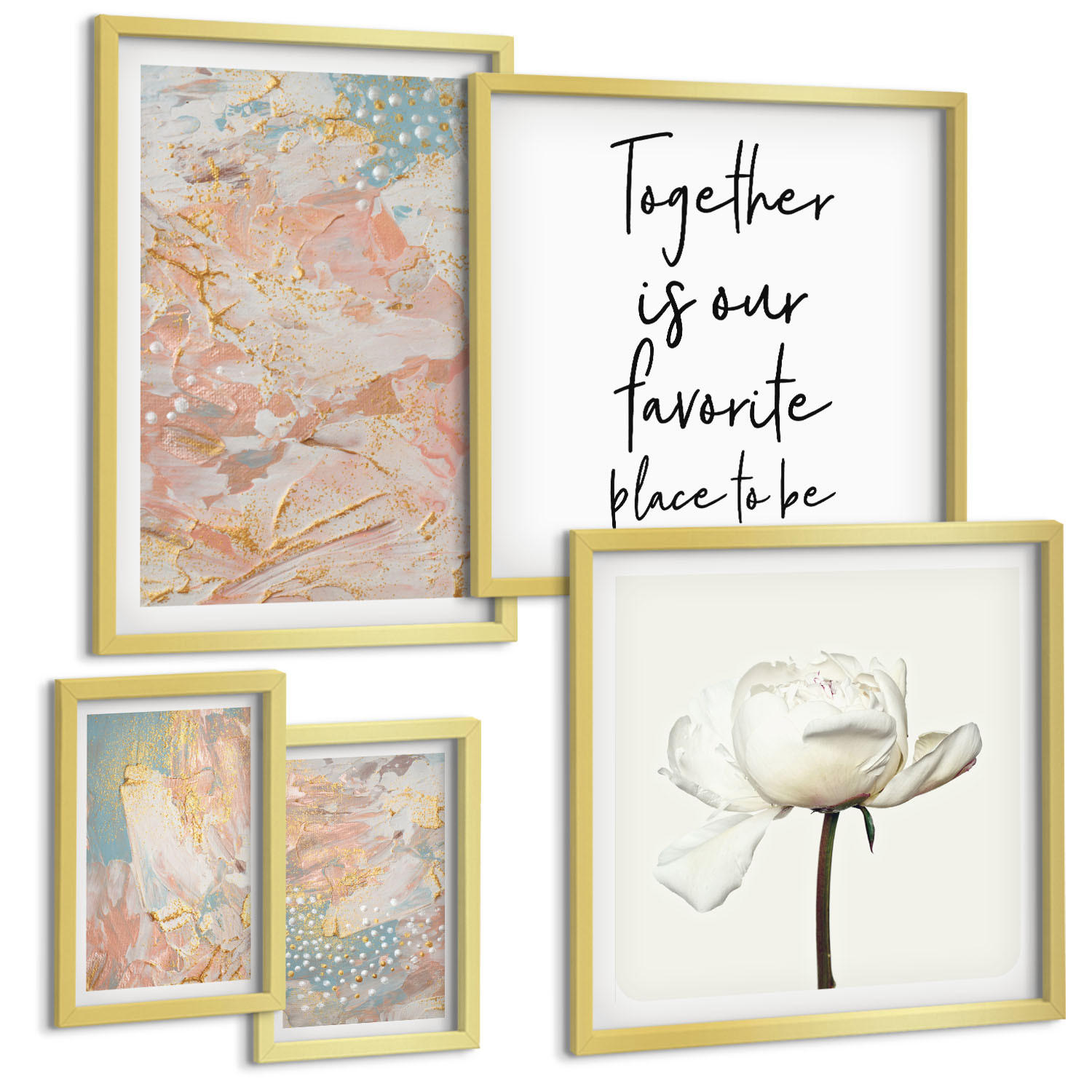 BILDER SET 5er Set - 50x50 cm & 20x30 cm & 40x60 cm Goldrahmen - Abstrakte Pastellmuster - Goldfarben, Kunststoff (40/60cm) - TULUP