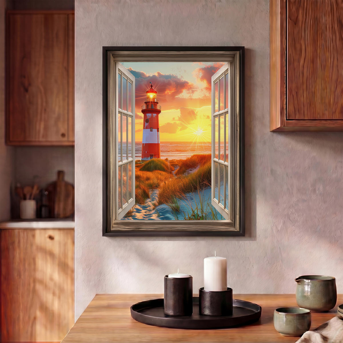 LEINWAND Bilder mit Rahmen - Aussicht - Fenster - Leuchtturm - Sonnenuntergang - Strand - 30x40 - Dunkelorange, Textil (30/40cm) - MuchoWow