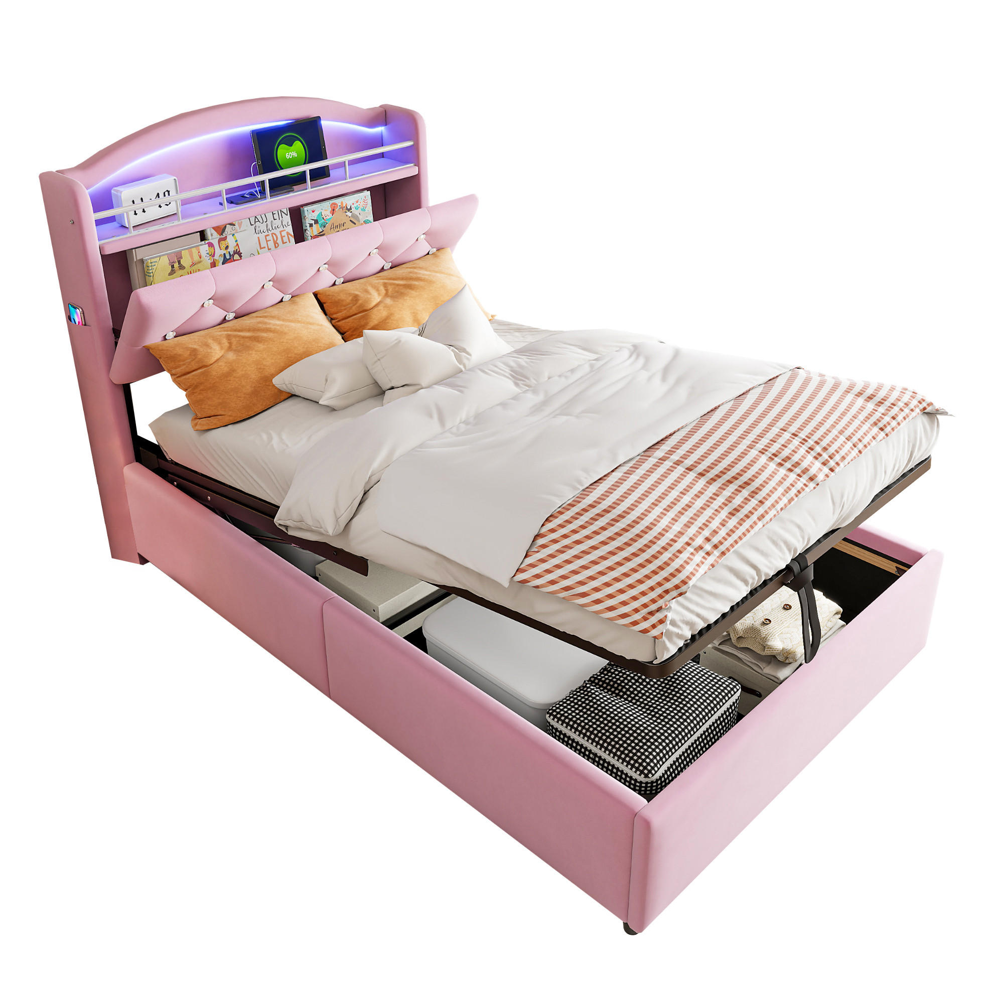 POLSTERBETT aus Samt 90x200 cm Rosa mit LED, 3 USB-Anschlüssen, Type-C-Buchse und Bettkasten - Pink, Textil (90/200cm) - Modfu
