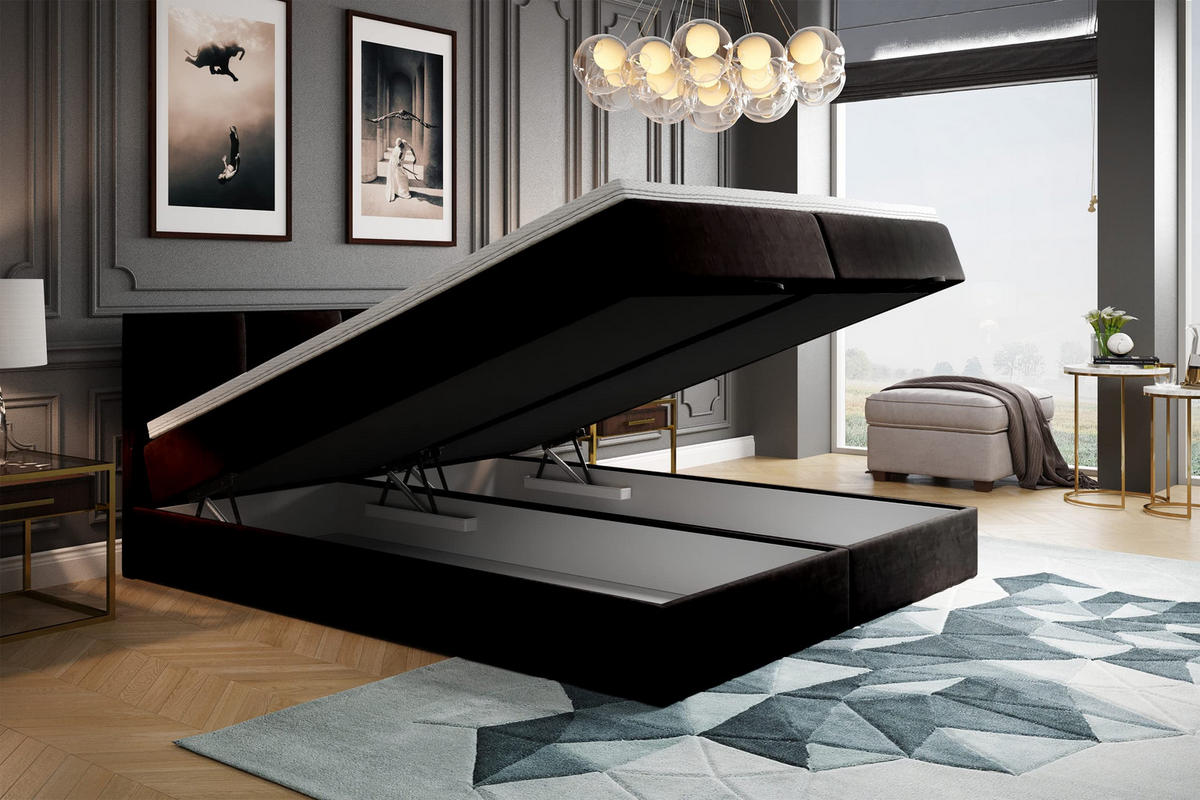 BOXBETT mit Bettkasten und Bonellmatratze - ROYAL - Elegant Bett mit Topper - 140x200 cm - Schwarz - Schwarz, Holzwerkstoff/Kunststoff (140/200cm) - Trada