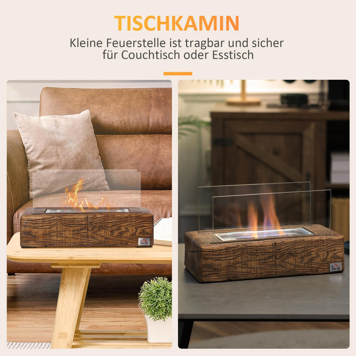ETHANOL Kamin, 1000BTU Tischfeuer, mit Feuerdeckel, Edelstahl, Naturholz - Naturfarben, Metall (16/18/33cm) - HOMCOM