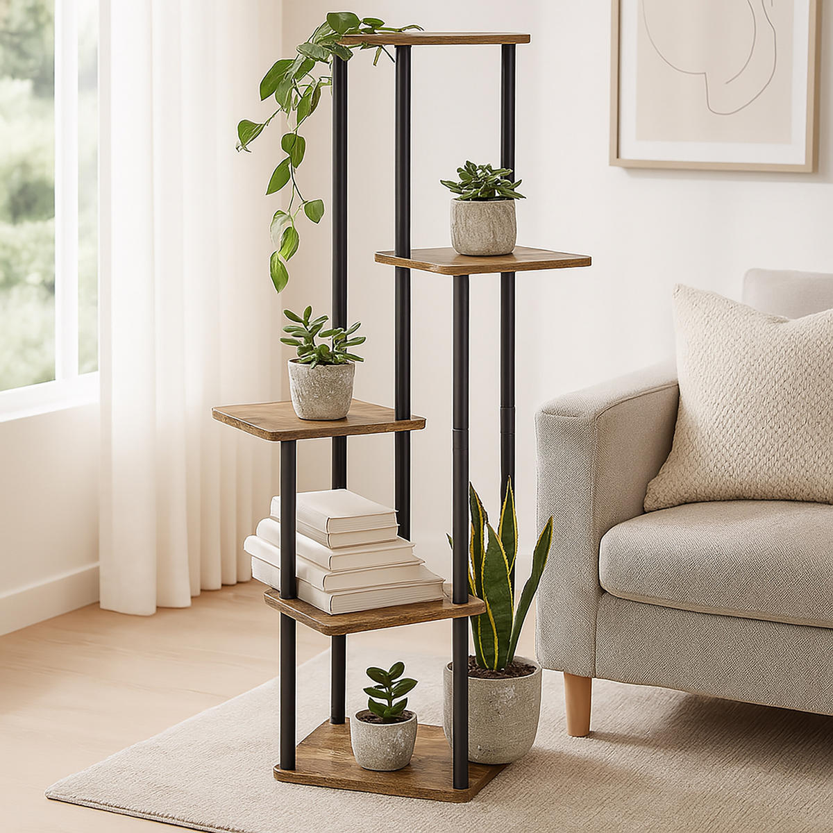 PFLANZENREGAL Schwarz Industrial 5 Ablagen Eisen MDF 107 x 58 cm - Multicolor, Holzwerkstoff/Metall (58/107/58cm) - Relaxdays