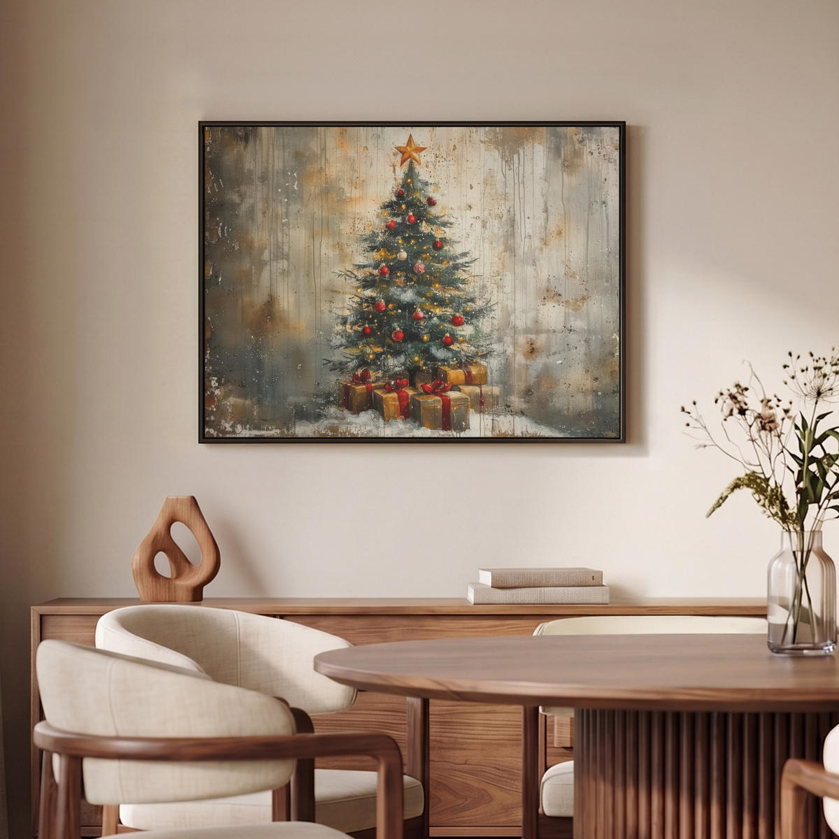 LEINWAND Bilder mit Rahmen - Weihnachtsbaum - Vintage - Weihnachten - Geschenk - 70x50 - Rostfarben, Textil (70/50cm) - MuchoWow