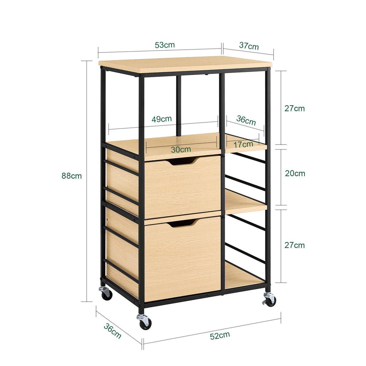 KÜCHENWAGEN mit Rollen, Naturholzoptik - Naturfarben, Holzwerkstoff (53/89/37cm) - SoBuy