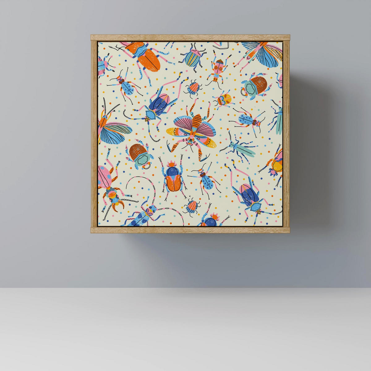 SIDEBOARD COLORFUL INSECTS, Eichefarben, 57,5x42x70,5 cm, Schwarze Metall-Sternfüße - Eichefarben/Multicolor, Holzwerkstoff/Metall (57.5/70.5/42cm) - SpaceRebels