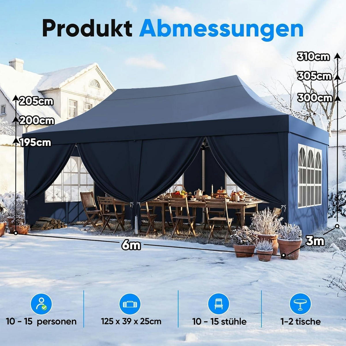 FALTPAVILLON 3x6m Blau mit Seitenwänden - Blau, Textil (585/310/293cm)