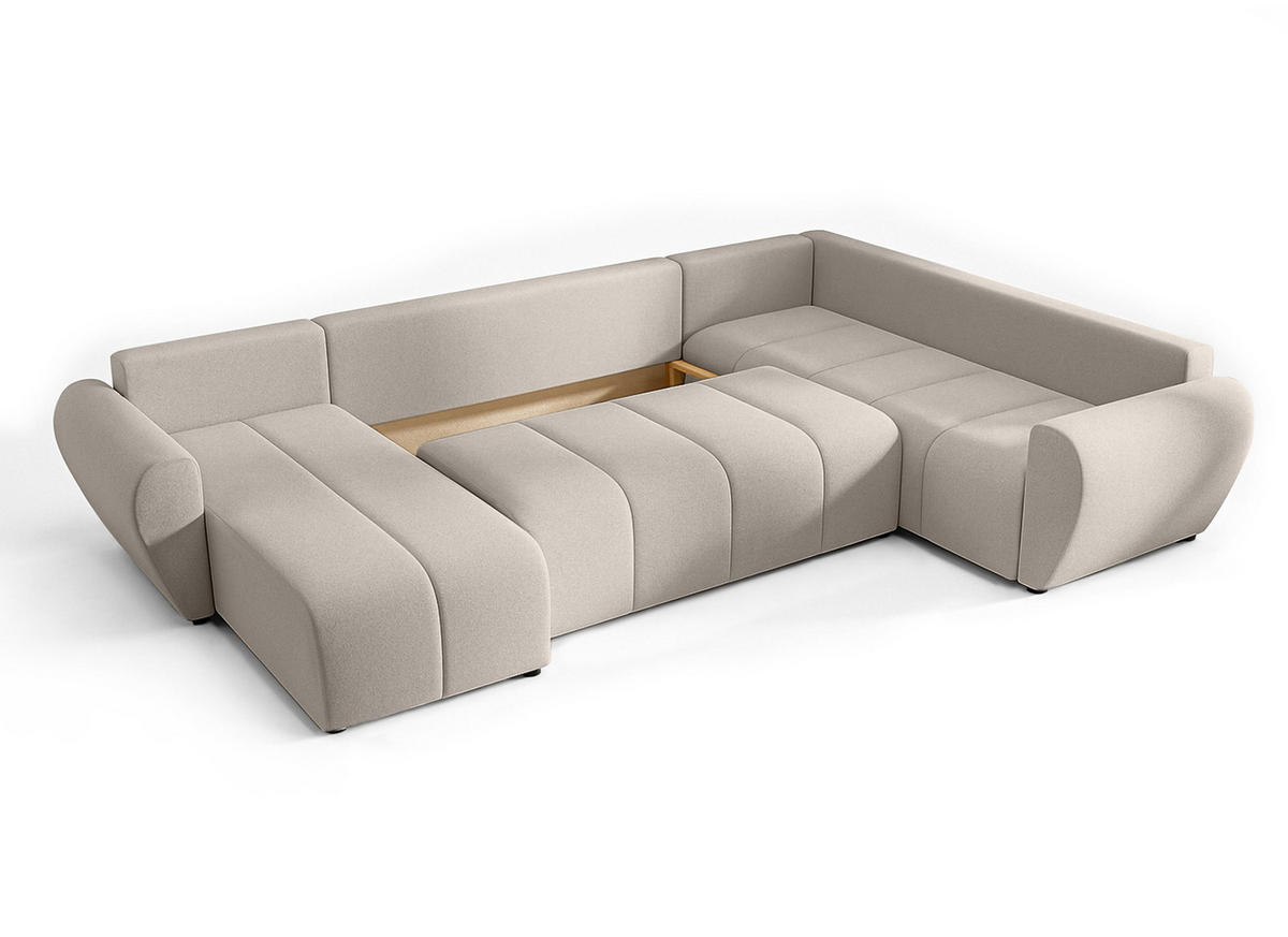 WOHNLANDSCHAFT Malatya U Form MAX Beige 311/145/80 cm mit Schlaffunktion - Beige/Schwarz, Kunststoff/Textil (208/80/303cm) - AX Living