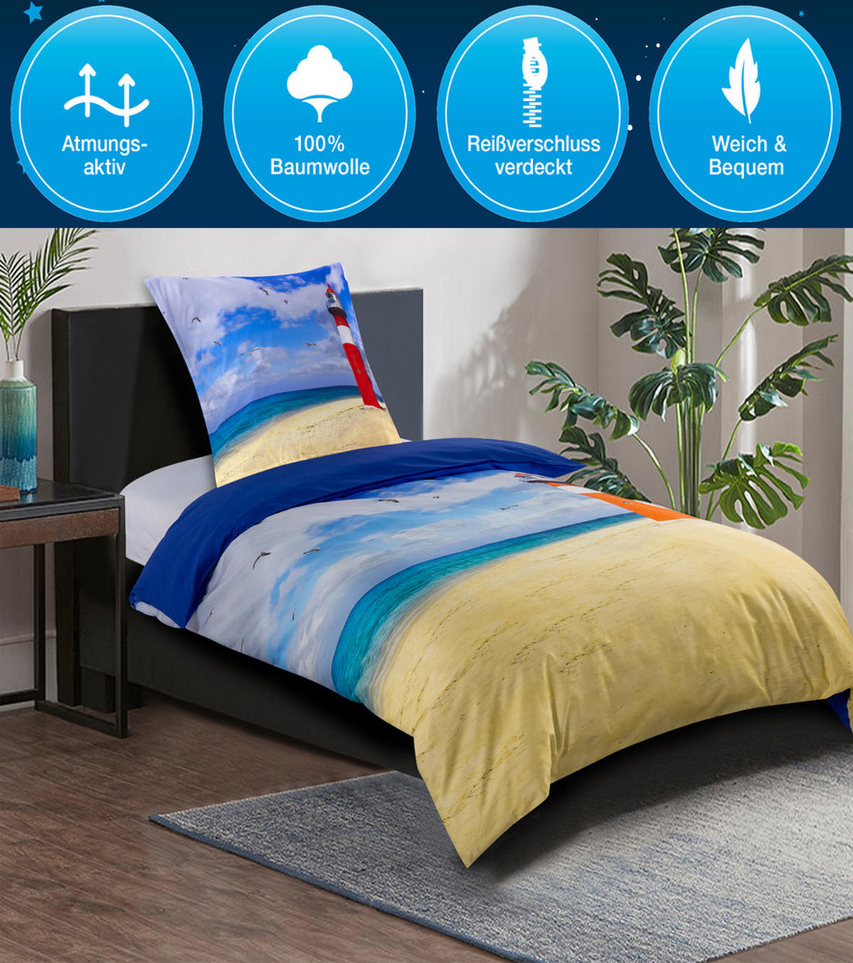 BETTWÄSCHE 2-teilig Leuchtturm - Blau, Naturmaterialien (135/200cm) - Sanilo