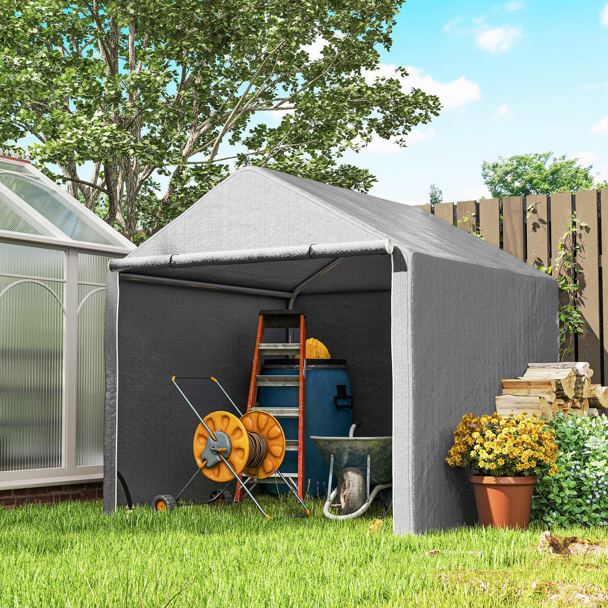 FAHRRADGARAGE DE-16848 2x2x2 m mit verzinktem Stahlrahmen Grau - Grau, Kunststoff (200/200/200cm) - ComfortXL
