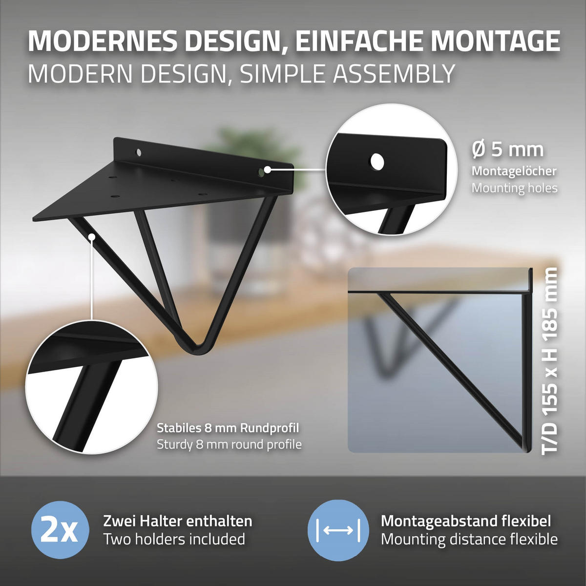 REGALHALTERUNG 2er Set 160mm Schwarz - Schwarz, Metall (15.5/17/16cm) - ML-DESIGN