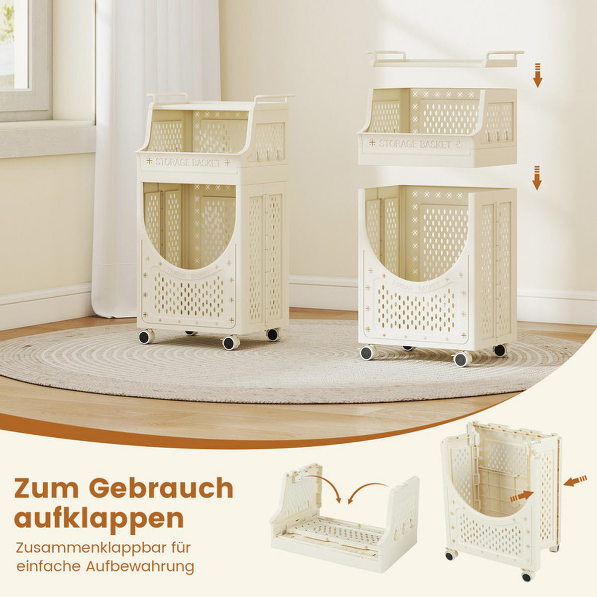 WÄSCHEKORBWAGEN Faltbarer beige - Beige, Kunststoff (40/78/30cm) - COSTWAY