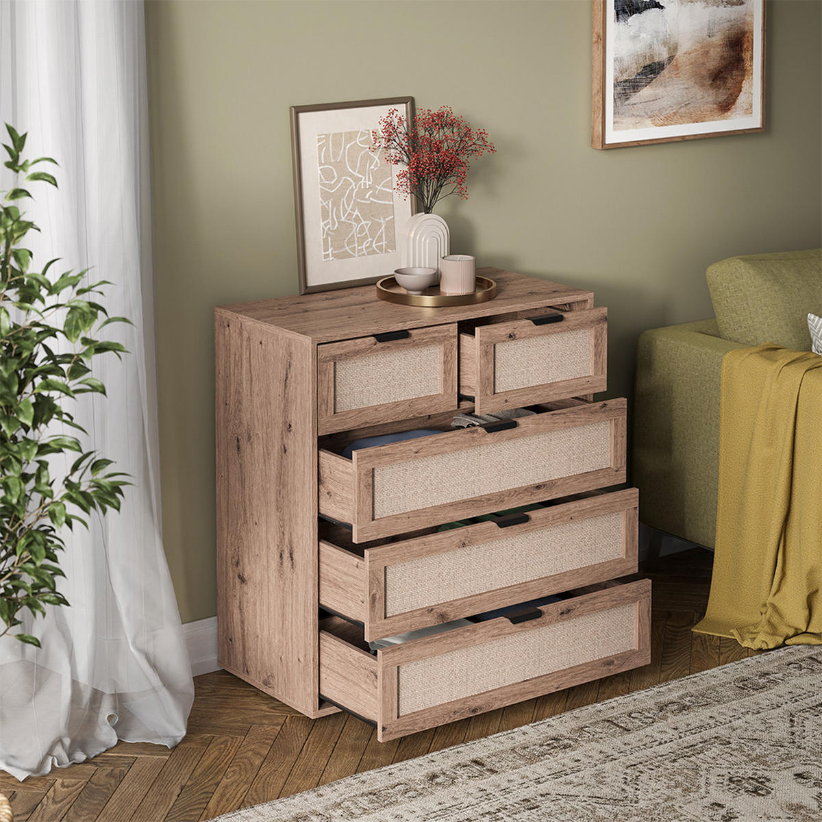 KOMMODE Elven, Eiche, 79 x 85 cm mit 5 Schubladen - Eichefarben, Holzwerkstoff (79/85/39cm) - Vicco