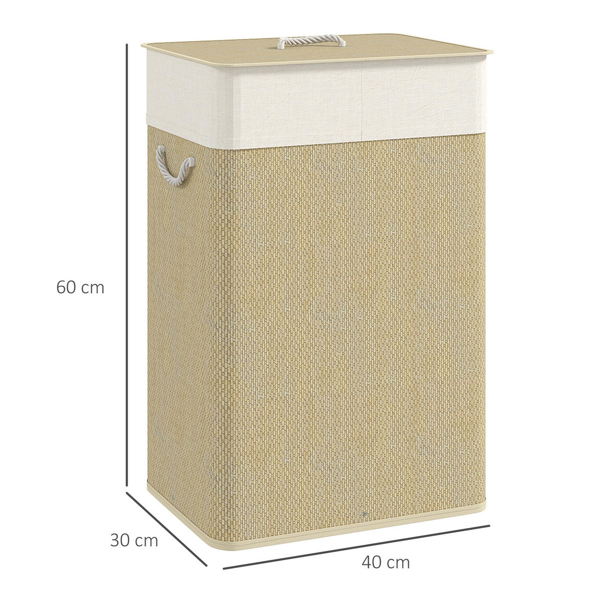 BAMBUS Wäschekorb mit Deckel 72 L Wäschesammler mit Seilgriffen Naturholz - Creme/Naturfarben, Naturmaterialien/Textil (30/60/40cm) - HOMCOM