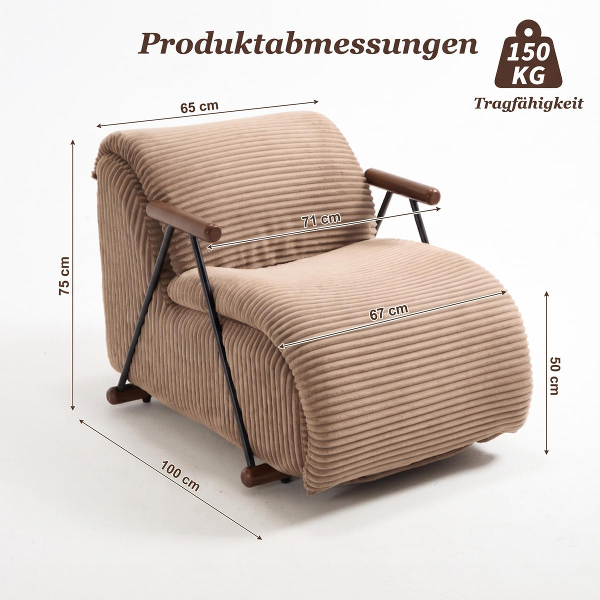 XXL-SESSEL mit Armlehnen, Cord Loungesessel, Ergonomisch, Hellbraun - Hellbraun, Textil/Metall (71/75/100cm) - LVHOM