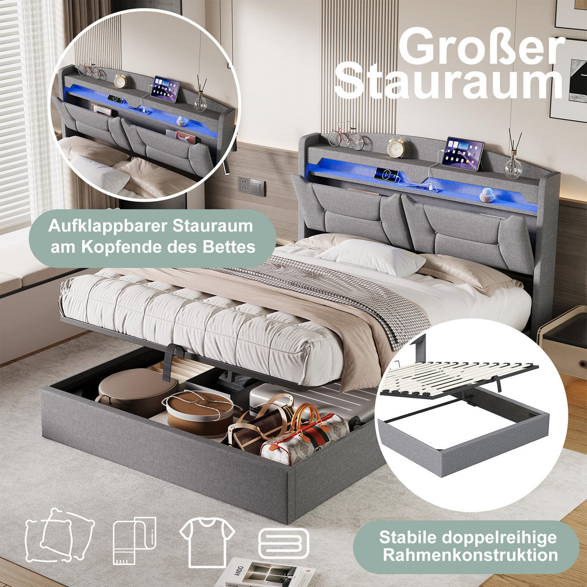 HYDRAULISCHES Polsterbett 140x200 cm mit Stauraum, LED und USB, Grau - Grau, Holz/Metall (140/200cm) - PARAFTA HOME