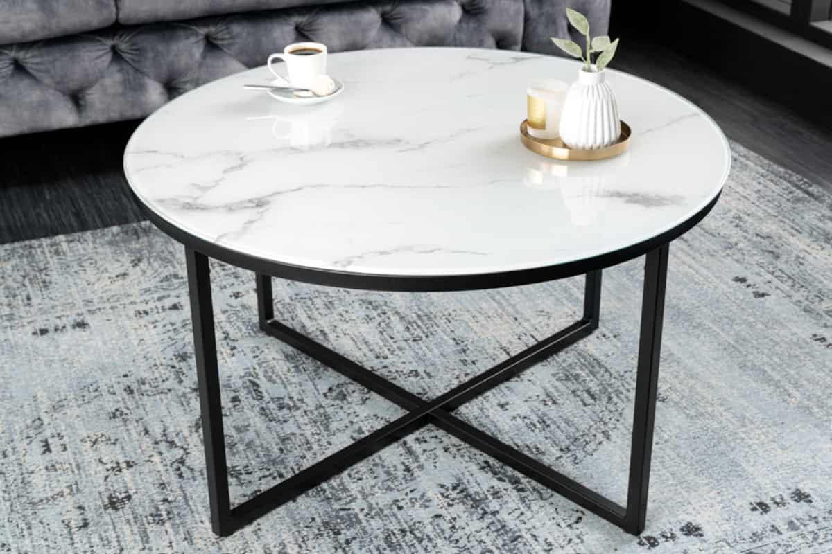 COUCHTISCH BOUTIQUE Marmor rund Weiß 80cm - Schwarz/Weiß, Glas/Metall (80/80/45cm) - riess-ambiente