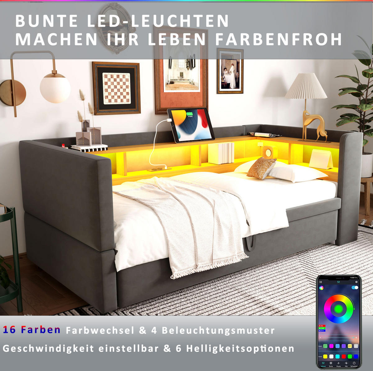 ROZKLÁDACÍ pohovka 90/180x190 cm tmavě šedá z flanelu s LED osvětlením a úložnými policemi - tmavě šedá, textil (90/190cm) - OKWISH