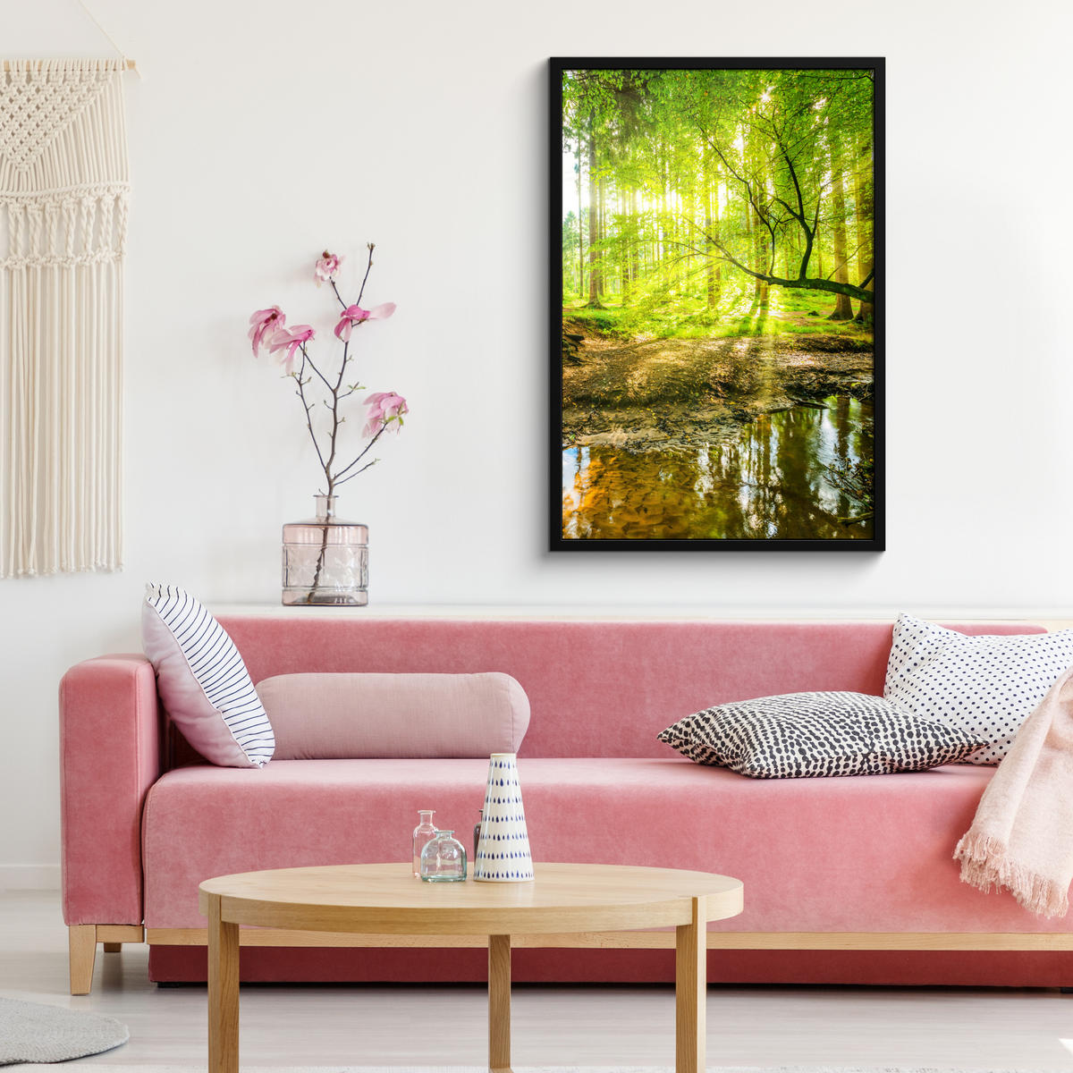 POSTER MIT RAHMENGERAHMTES BILD Wald - Landschaft - Wasser - Bäume - Sonne - Grün - Natur 60x90 cm - Grün, Papier (60/90cm) - MuchoWow