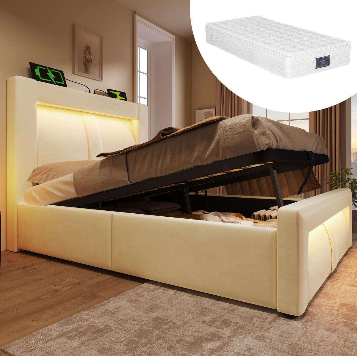 POLSTERBETT aus Samt 90x200 cm in Beige mit LED & Matratze - Beige, Textil (90/200cm) - Modfu