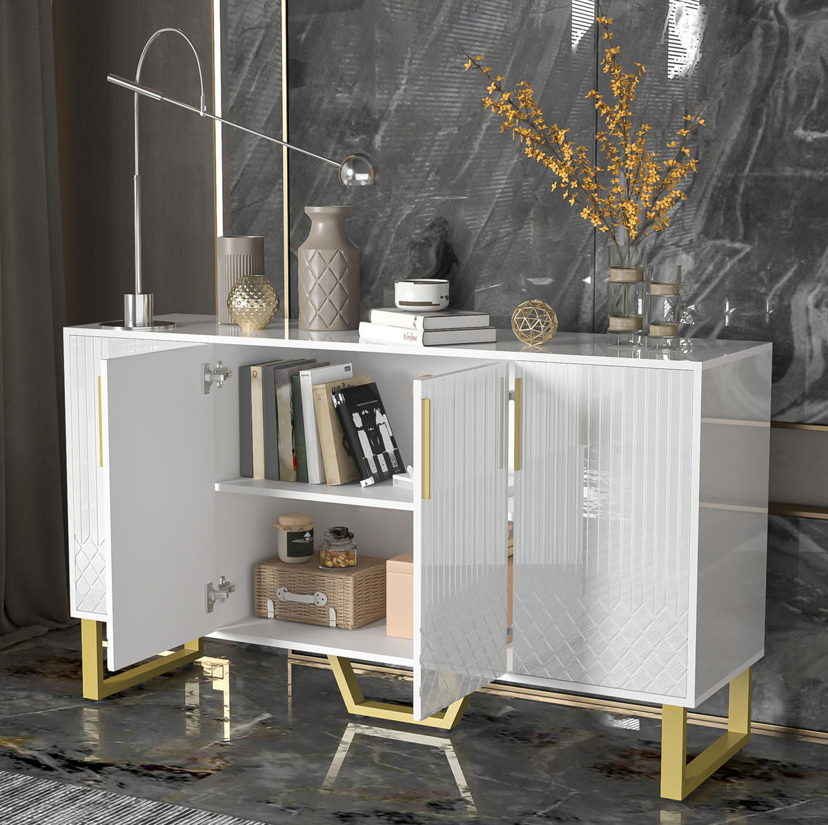 SIDEBOARD 4-türig 140 x 40 x 80 cm MDF Weiß Hochglanz - Weiß, Holzwerkstoff (40/80/140cm) - Meubliv