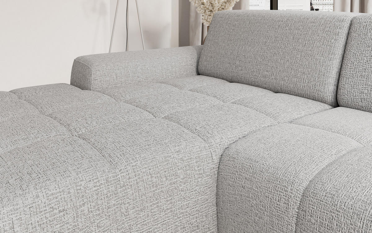 ECKSOFA Savio Freistehend, mit Abriebfestem Kansas-Stoff, Maße 265x172x81 cm, Ausziehbare Sitzfläche 206x92 cm, Rechte, – Esche - Silberfarben, Holz/Textil (265/172cm) - DomoHome