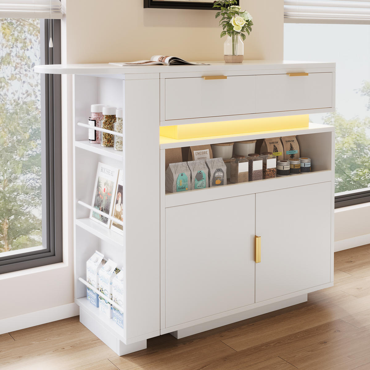 BARTISCH Weiß LED ausziehbar Stauraum 360° mobil 115-183cm - Weiß, Holzwerkstoff (183/40/99cm) - FLIEKS