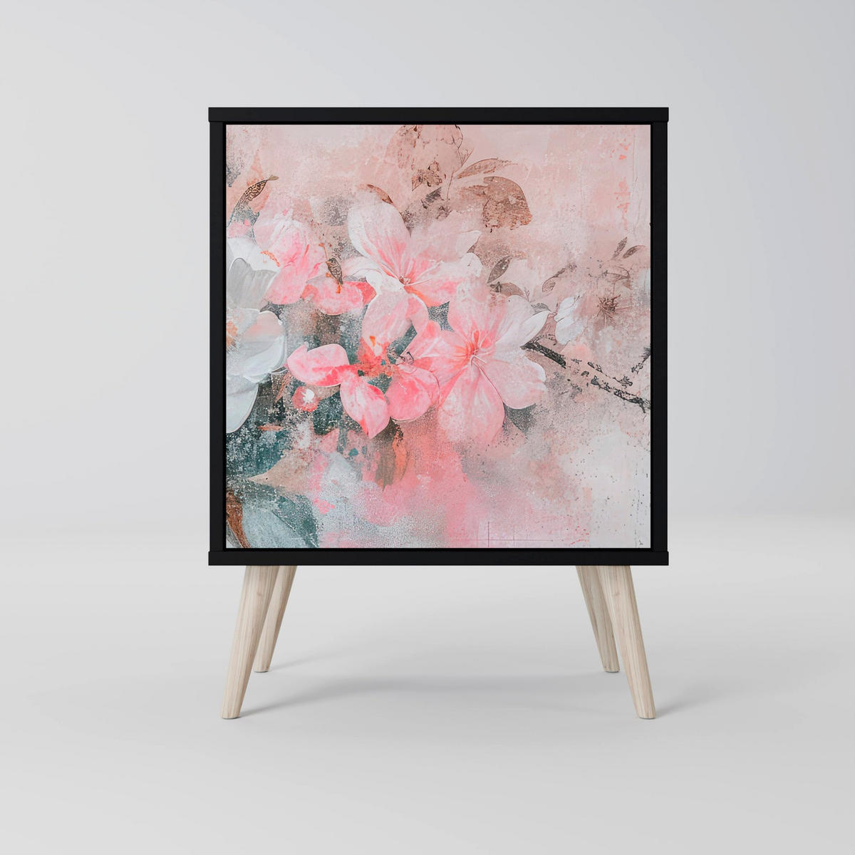 SIDEBOARD CHERRY BLOSSOM, Schwarz, 57,5x42x70,5 cm, Schwarze Metall-Sternfüße - Multicolor/Schwarz, Holzwerkstoff/Metall (57.5/70.5/42cm) - SpaceRebels
