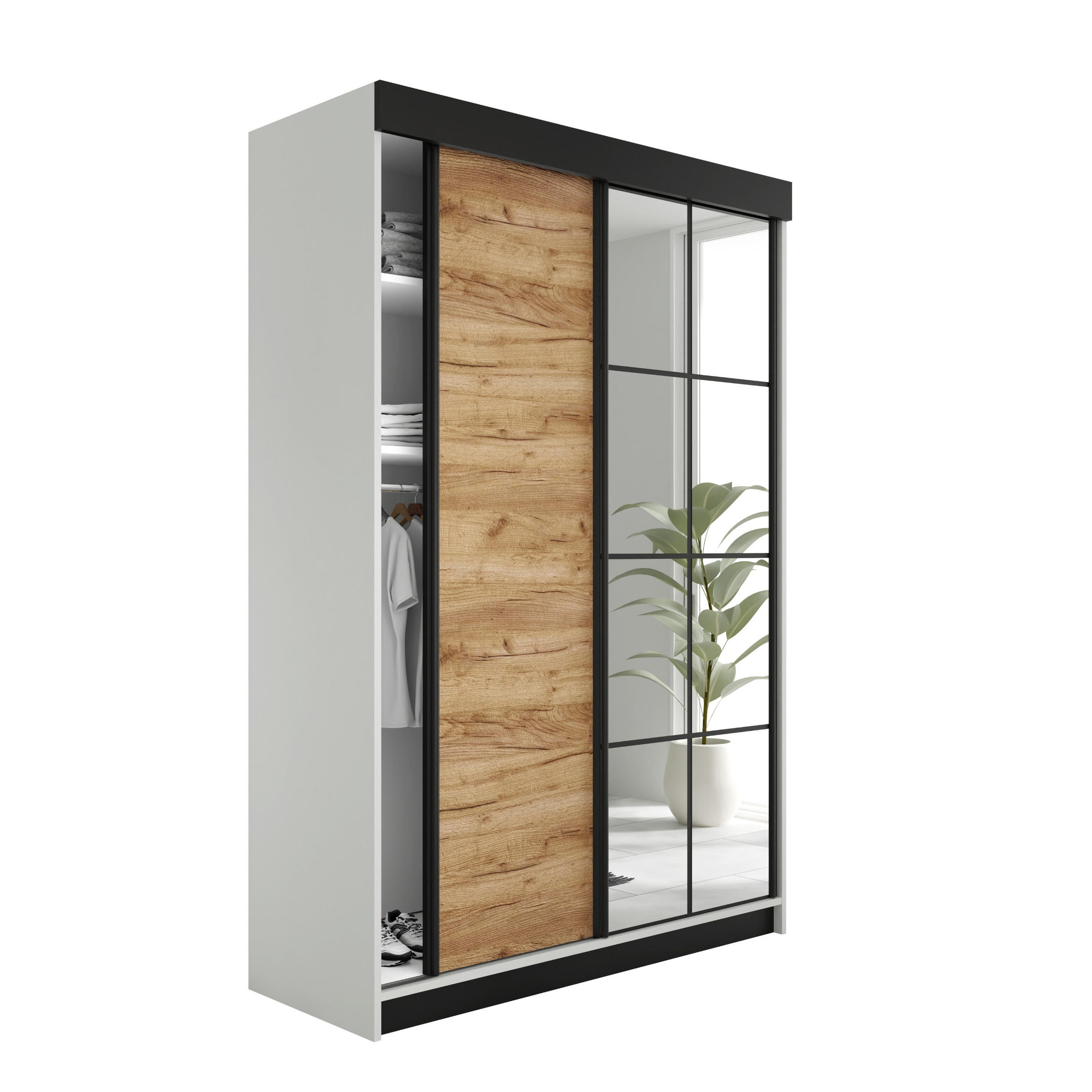 Kier Furniture POSUVNÁ ŠATNÍ SKŘÍŇ LAMARO - 138x205x59 - Bílá & Dub Craft