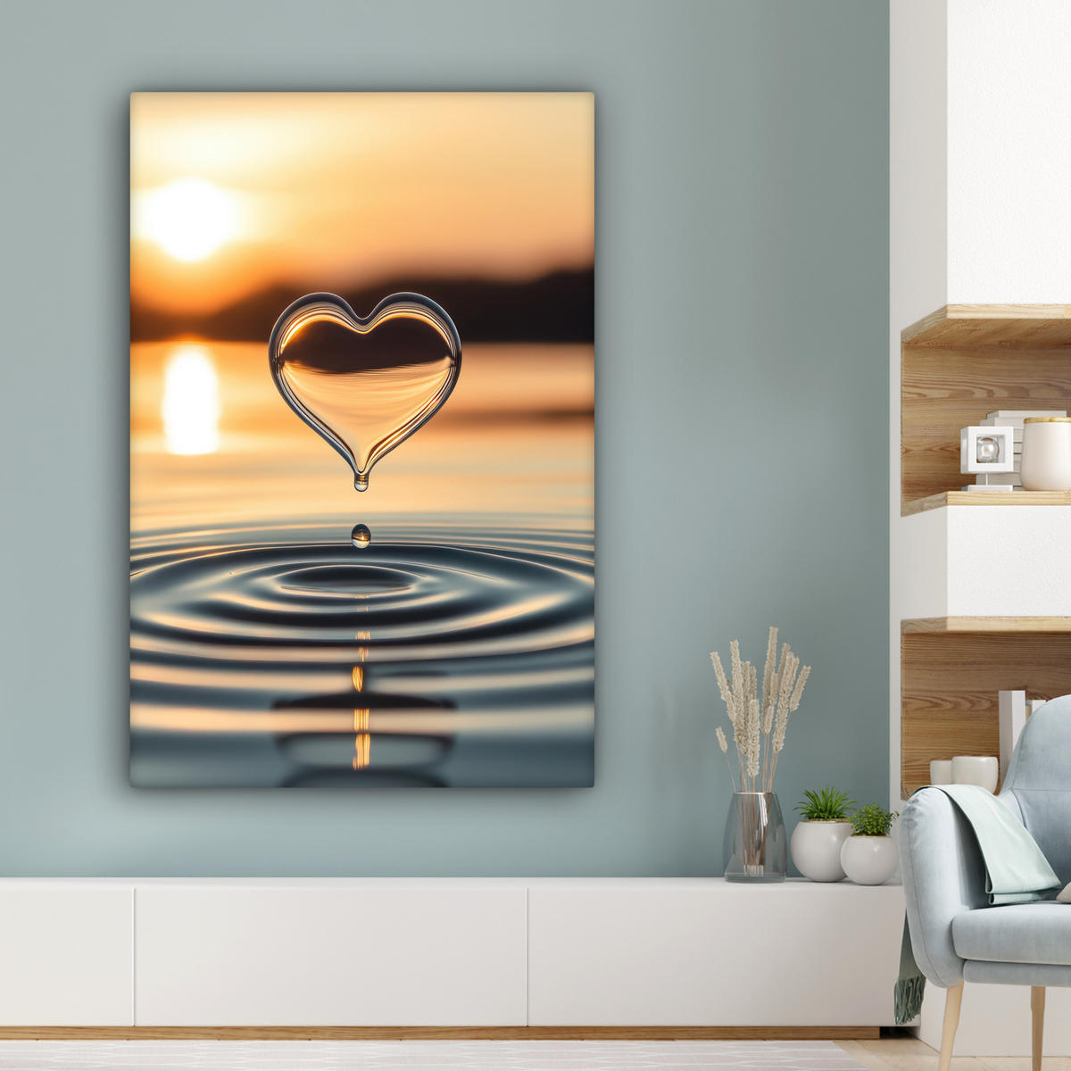 LEINWANDBILD - Herz - Wasser - Sonnenuntergang - Natur - Zen - 80x120 - Wanddeko - Bernsteinfarben, Textil (80/120cm) - MuchoWow