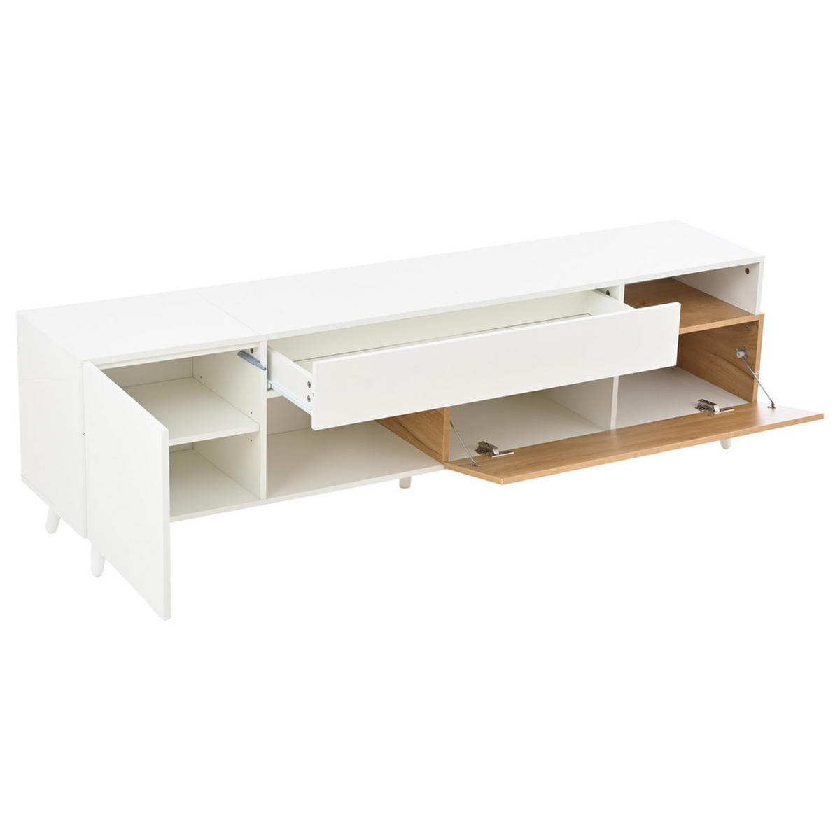 TV-SCHRANK 180x38cm Lowboard Hochglanz 1 Schublade 7 Fächer bis 75 Zoll - Weiß, Holz (52.98/22.99/56.01cm) - FLIEKS