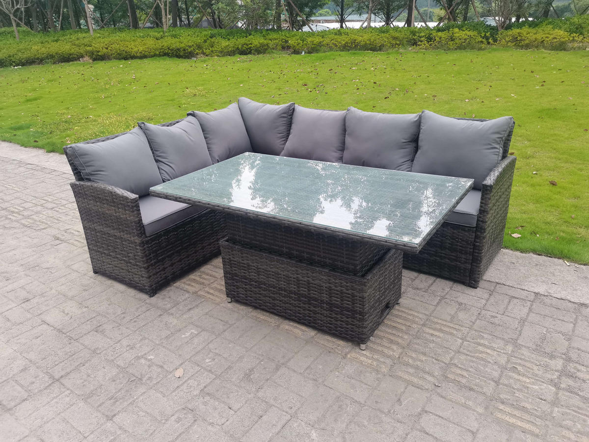 GARTENMÖBEL SET mit höhenverstellbarer Tisch Polyrattan Dunkelgrau 6-Sitzer - Dunkelgrau/Grau, Glas/Kunststoff - Fimous