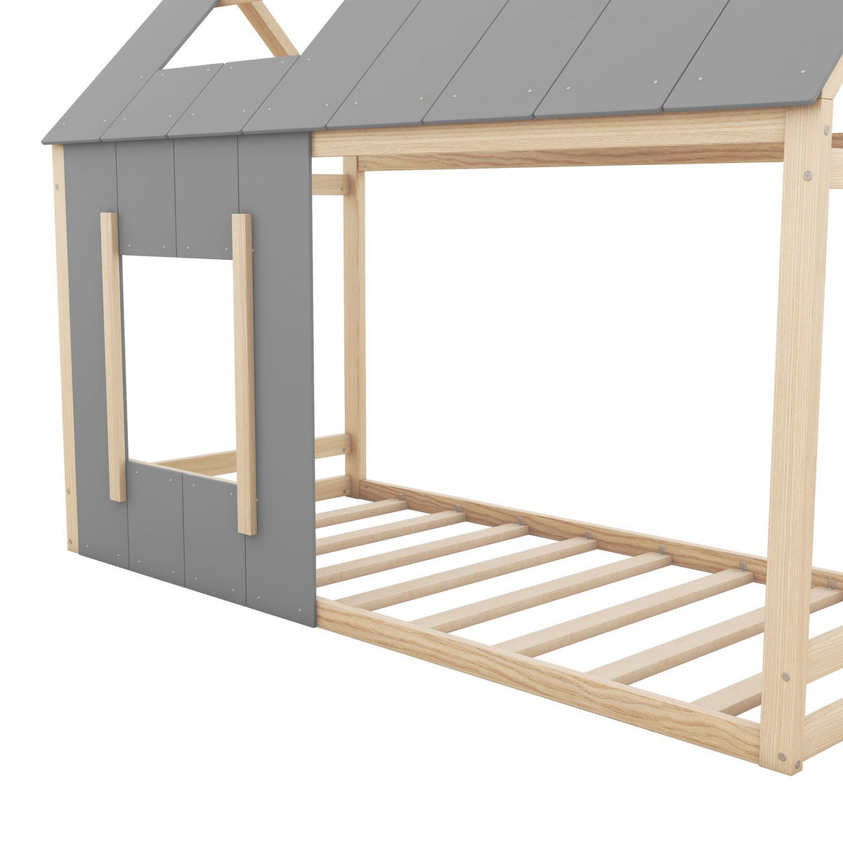 KINDERBETT 90x200cm Natur + Grau Hausform Flachbett mit Dach - Naturfarben, Holz (90/200cm) - FLIEKS