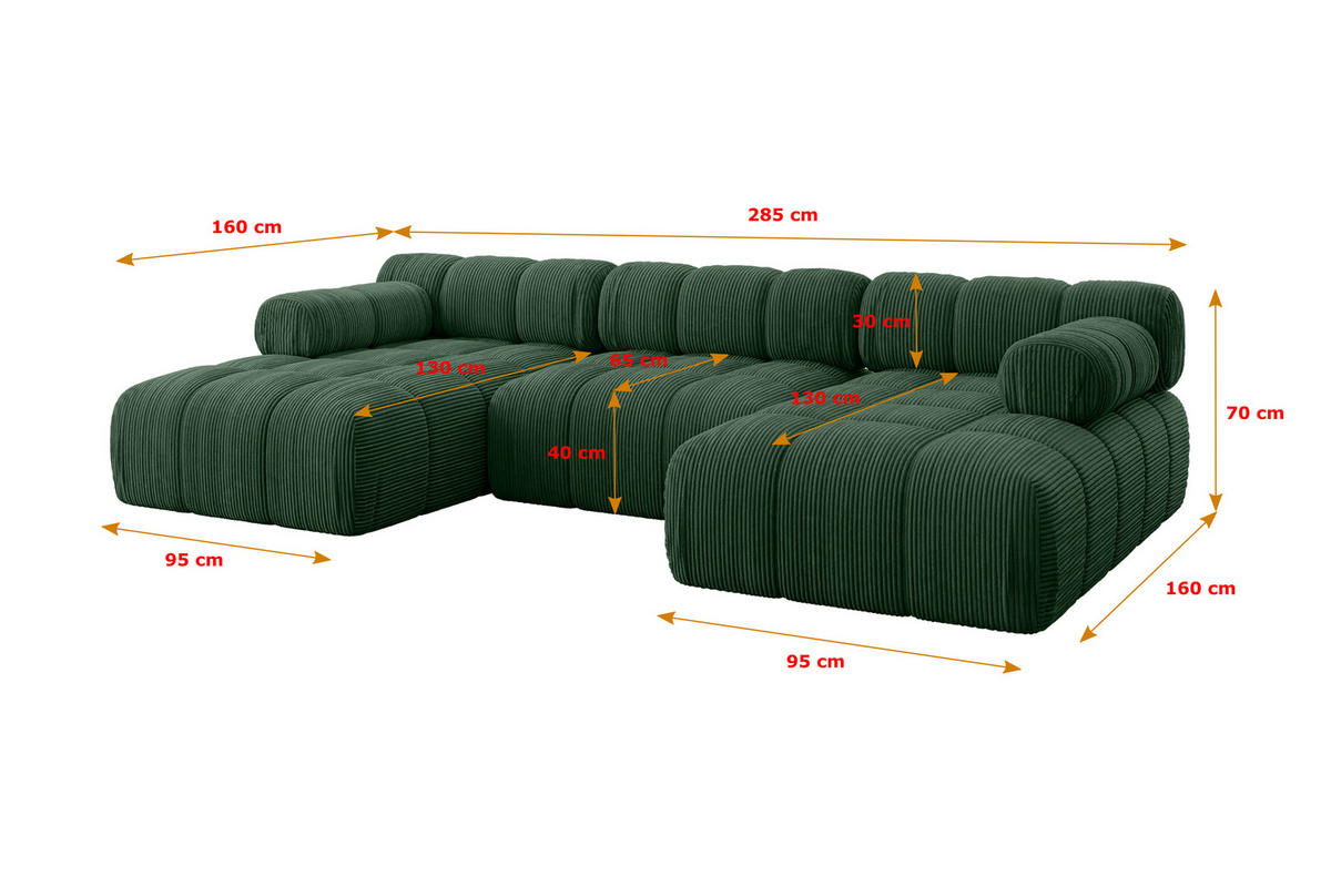 WOHNLANDSCHAFT modulares Sofa Tesso-U1 - 285x160x70 cm Grün Cord - Grün, Holzwerkstoff/Textil (285/70/160cm) - ALTDECOR