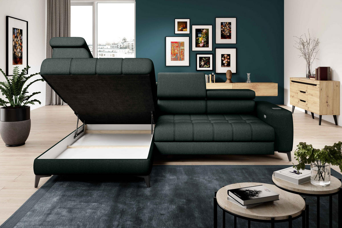 ECKSOFA BAGGIO Letto Stoff, Schlaffunktion, Bettkasten, Sitztiefe, Kopfstützen 280x196cm – Links – Dunkelgrün - Dunkelgrün, Holz/Textil (196/280cm) - DomoHome