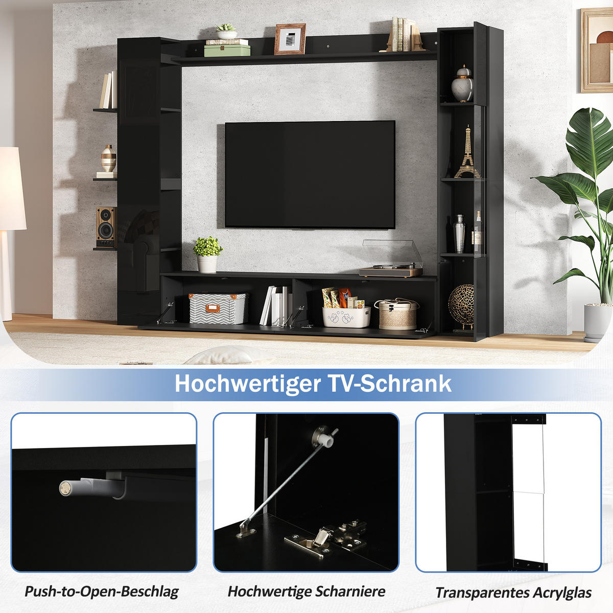 TV-ELEMENT 245/30/170 cm Schwarz mit Türanschlag wechselbar und Stauraum (4 Stück) - Schwarz, Holz (245/170/30cm) - Oxeza