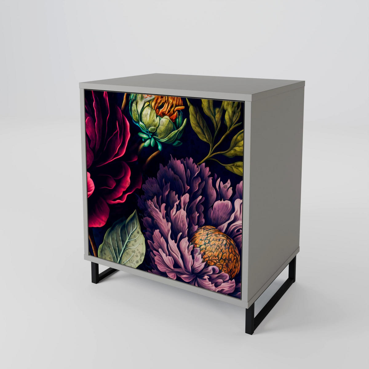 SIDEBOARD BLOOMING ELEGANCE, Grau, 57,5x42x72,5 cm, Schwarze Metallfüße - Multicolor/Schwarz, Holzwerkstoff/Metall (57.5/72.5/42cm) - SpaceRebels