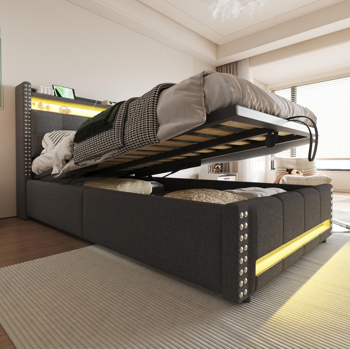 POLSTERBETT 90/200 cm Grau aus Leinenstoff mit LED und Stauraum - Grau, Textil (90/200cm) - OKMYHOME