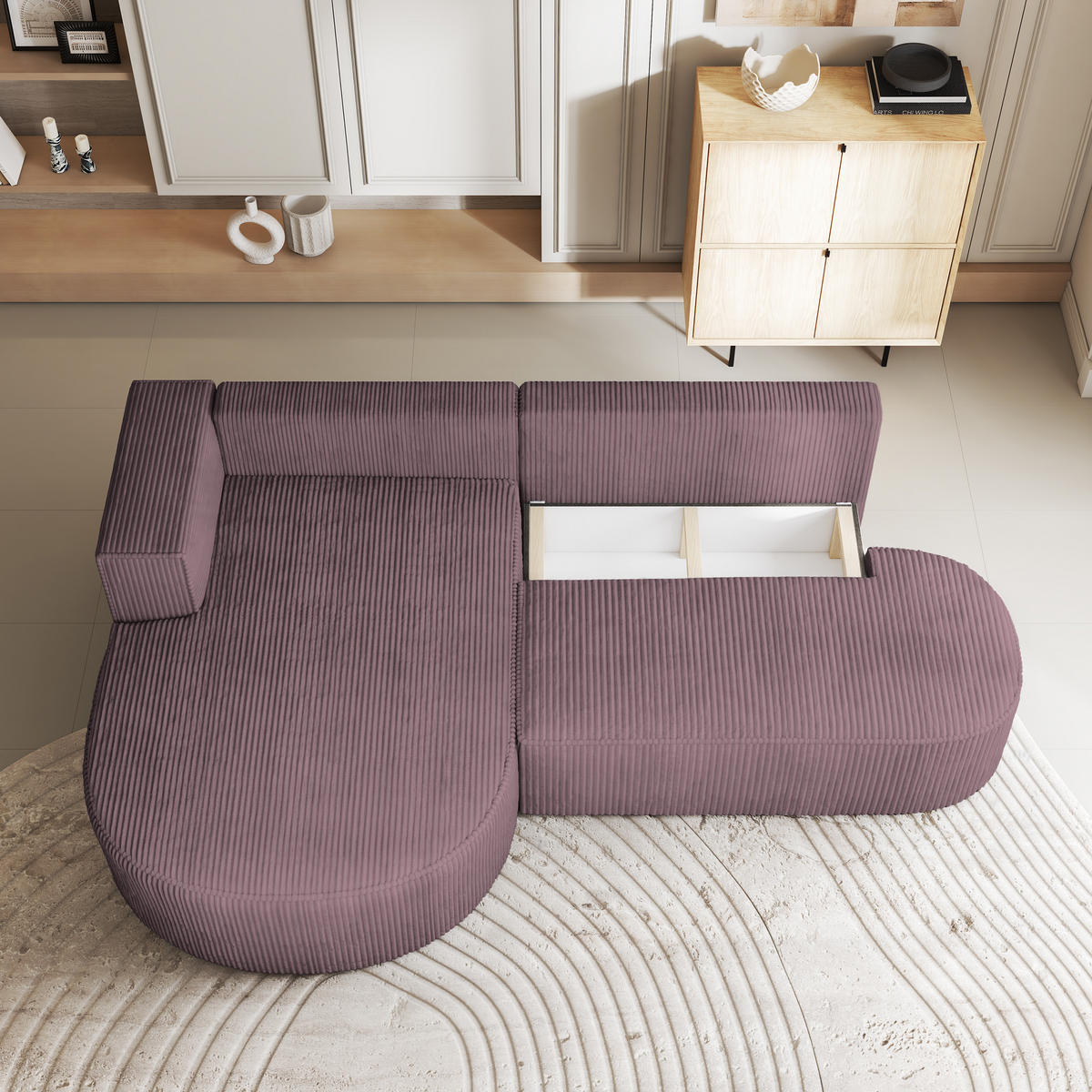 ECKSOFA CORTIO P L-S Lila Kordstoff mit Schlaffunktion - Lila, Holz (265/174cm) - MASSENO