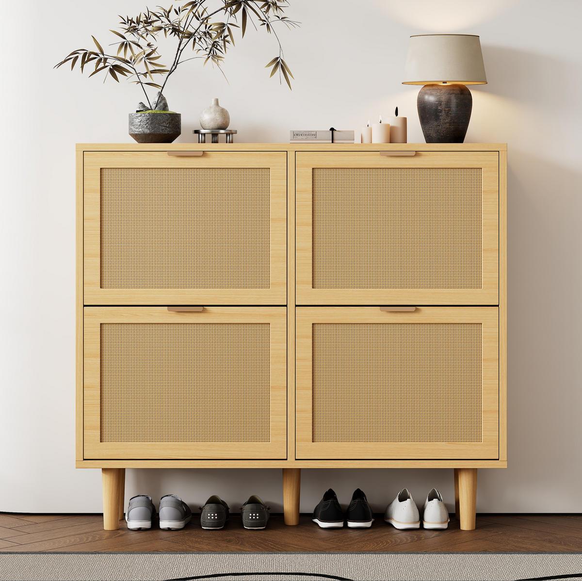 SCHUHSCHRANK 100/90/25 cm Eichefarben aus Spanplatte mit Rattangeflecht - Naturfarben, Holzwerkstoff (100/90/25cm) - OKMYHOME