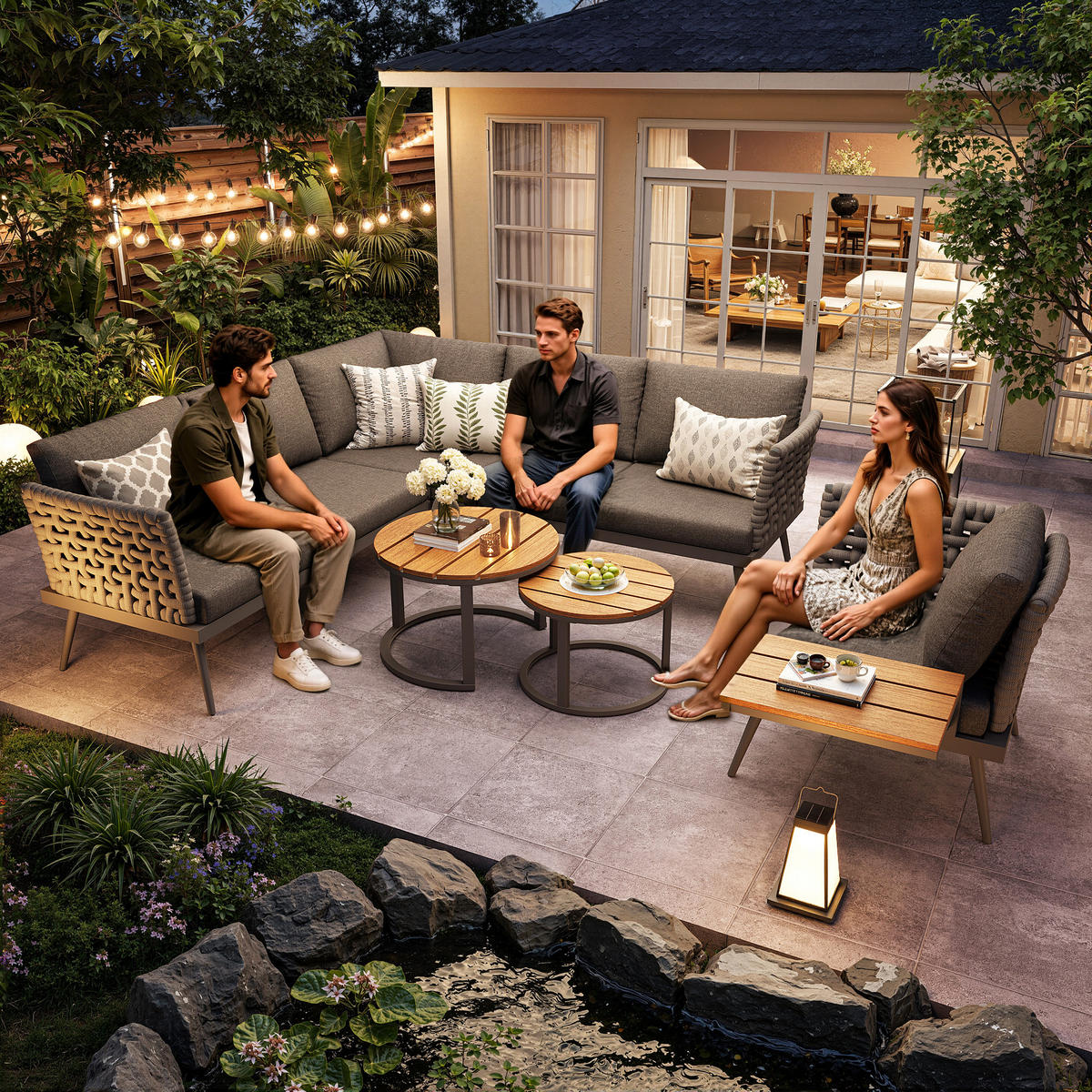 GARTENSET L-Form 6 Personen Grau Inkl. 2 Tische & Sessel Mit Polstern - Grau, Metall - FLIEKS