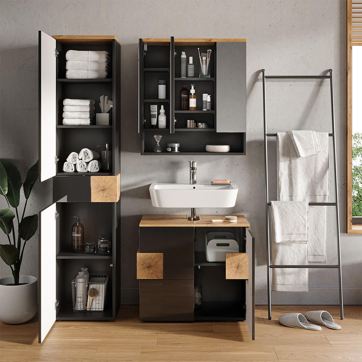 BADSCHRANK Eden Anthrazit 40 x 184.2 cm - Anthrazit/Eiche Artisan, Holzwerkstoff (40/184.2/37cm) - Vicco