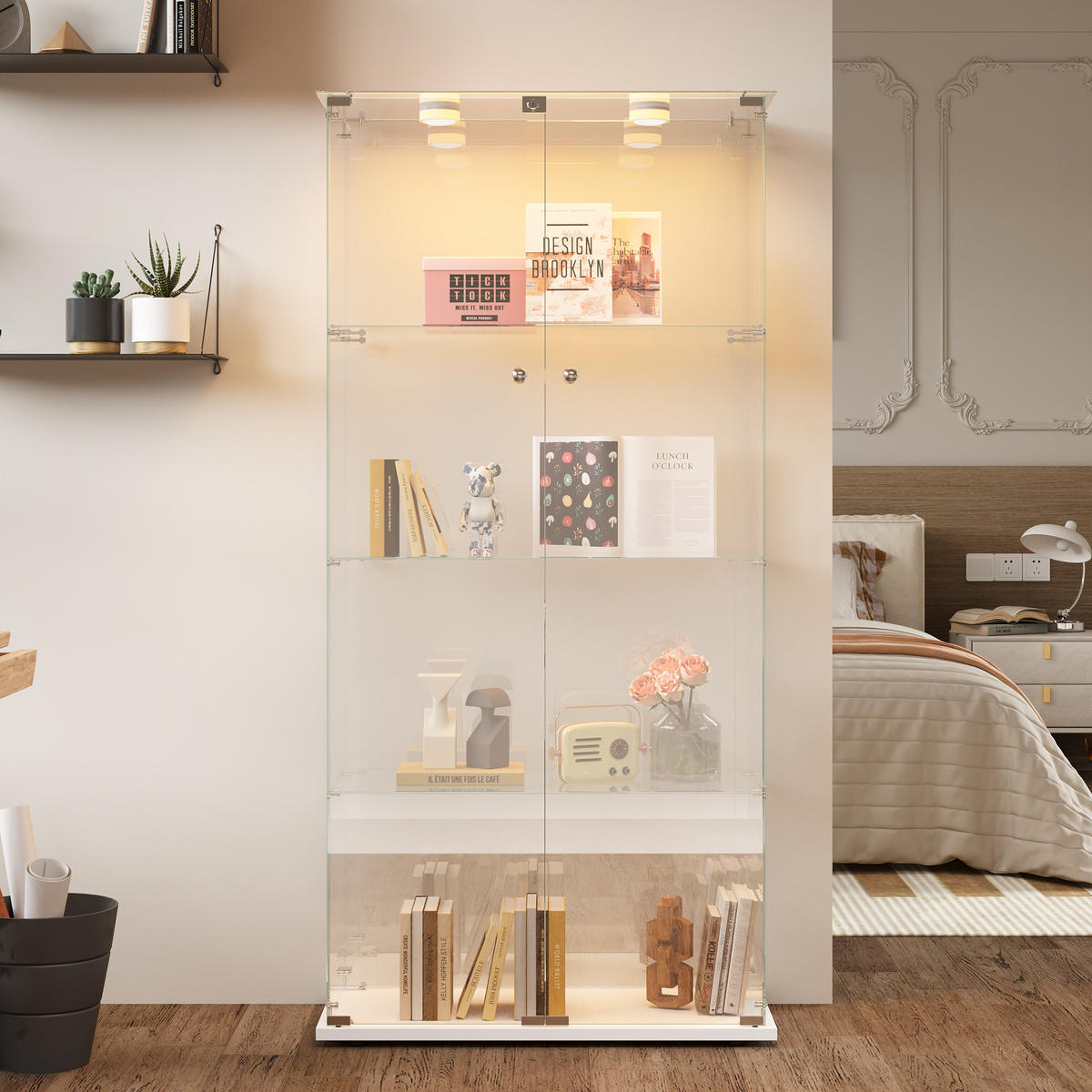 GLASVITRINE LED mit 2 Türen, 4 Regalen, Schloss, Weiß für Wohnzimmer - Weiß, Holz (35/163/78.5cm)